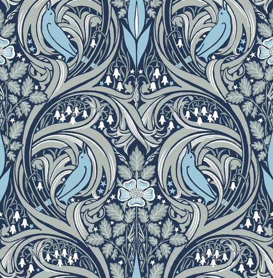 PR10302 Seabrook Designs Prepasted Online Wallpaper Bird Ogee Prepasted Navy & Sky Blue