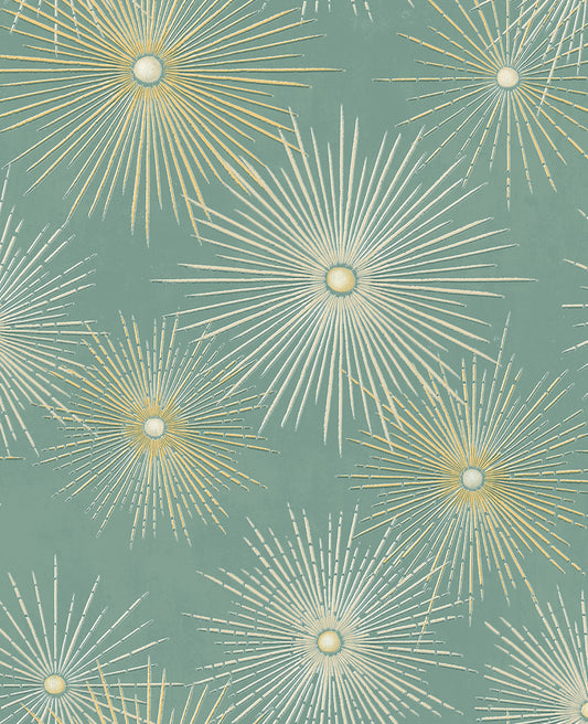 PR11004 Seabrook Designs Prepasted Online Wallpaper Starburst Geo Prepasted Teal & Gold