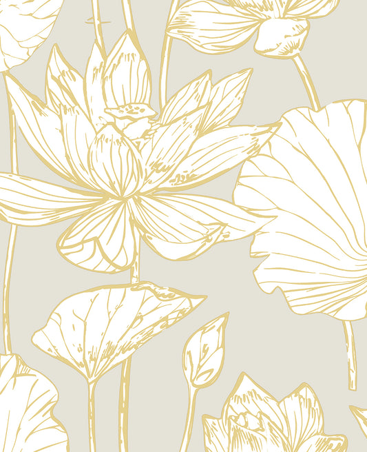 PR11308 Seabrook Designs Prepasted Online Wallpaper Lotus Floral Prepasted Grey & Gold