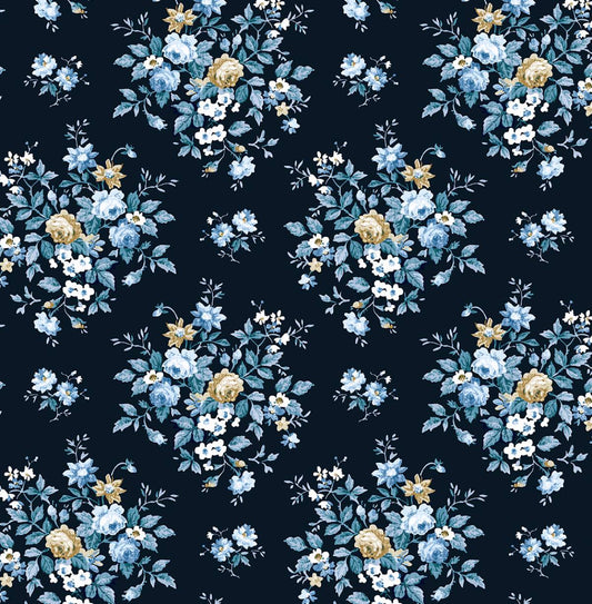 PR12602 Seabrook Designs Prepasted Online Wallpaper Floral Bouquet Prepasted Midnight Blue & Toffee