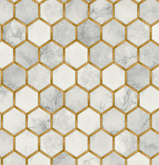 PR12905 Seabrook Designs Prepasted Online Wallpaper Faux Hex Tile Alaska Grey & Metallic Gold