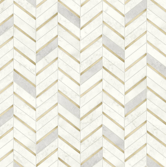 PR13105 Seabrook Designs Prepasted Online Wallpaper Chevron Faux Tile Gold & Pearl Grey