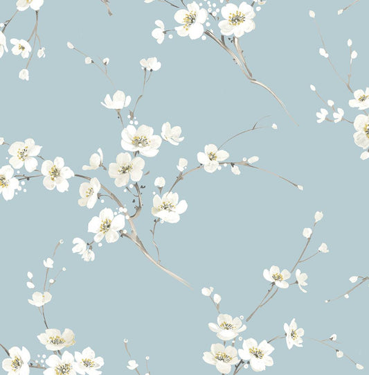 PR13202 Seabrook Designs Prepasted Online Wallpaper Blossoming Branches Sky Blue