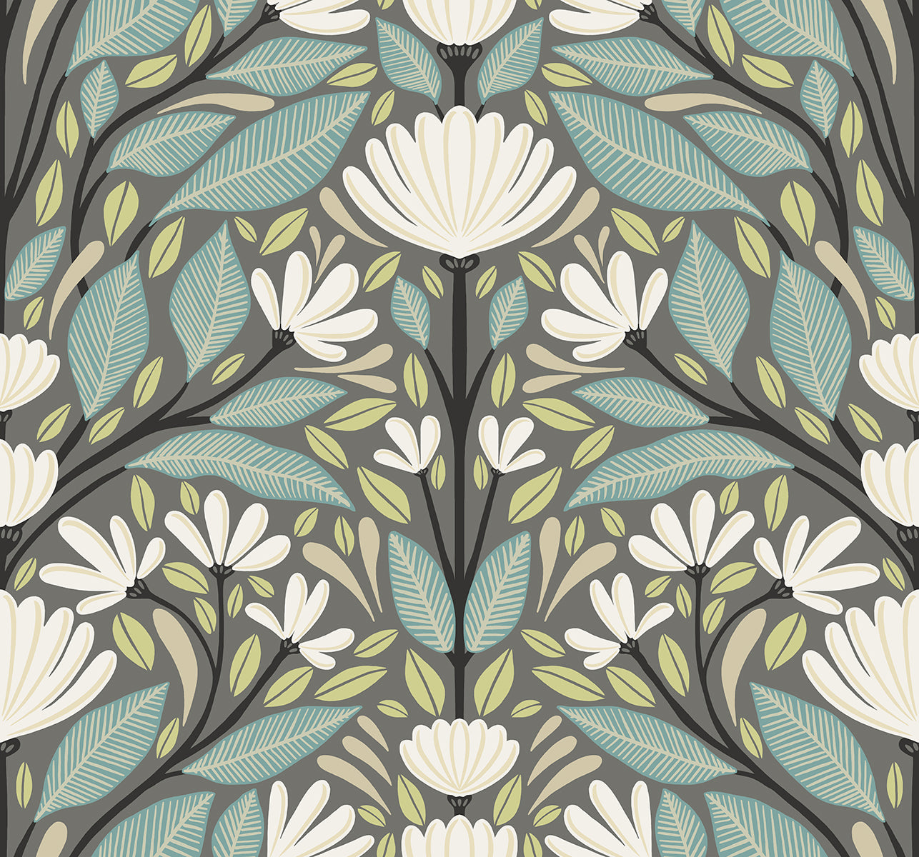 SC20608 Seabrook Designs Summer House Wallpaper Carmela Folk Floral Spirit Grey