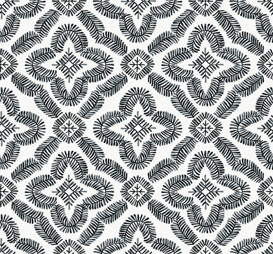 SC21300 Seabrook Designs Summer House Wallpaper Talia Botanical Medallion Black and White