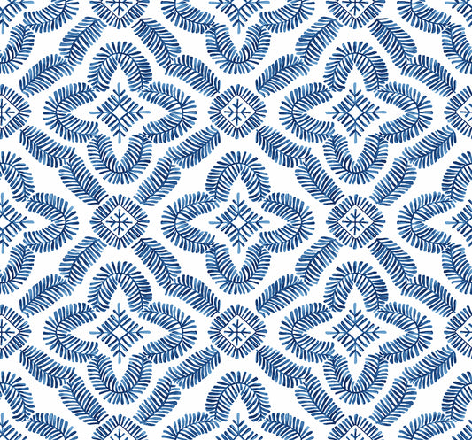 SC21312 Seabrook Designs Summer House Wallpaper Talia Botanical Medallion Cottage Blue