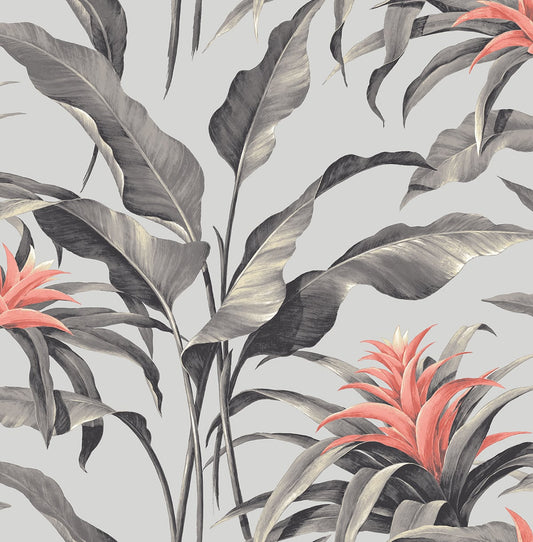 SG10301 Stacy Garcia Home Stacy Garcia Peel and Stick Wallpaper Palma Metallic Silver & Coral