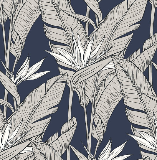 SG11902 Stacy Garcia Home Stacy Garcia Peel and Stick Wallpaper Birds of Paradise Navy Blue & Metallic Pewter