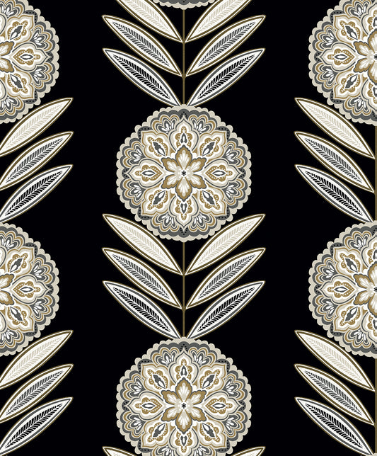 WH41105 Seabrook Designs Piano Wallpaper Belle Floral Stripe Black Tie & Metallic Gold