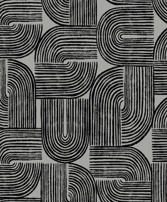 WH41300 Seabrook Designs Piano Wallpaper Piper Geometric Metallic Silver Sea & Black