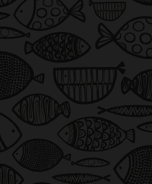 WH41400 Seabrook Designs Piano Wallpaper Cadence Fish Metallic Volcanic Black