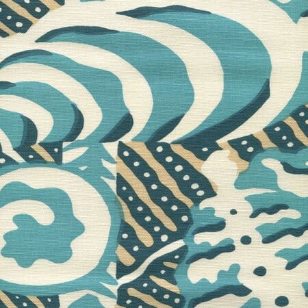 AC100-13 FERNS Turquoise Beige Dark Turquoise on Tint Quadrille Fabric