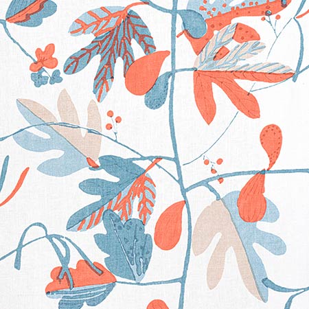 F916207 MATISSE LEAF French Blue and Coral Thibaut Fabric