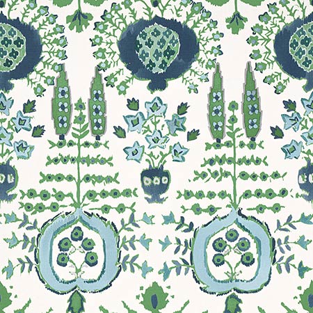 F916240 MENDOZA SUZANI Blue and Green on White Thibaut Fabric