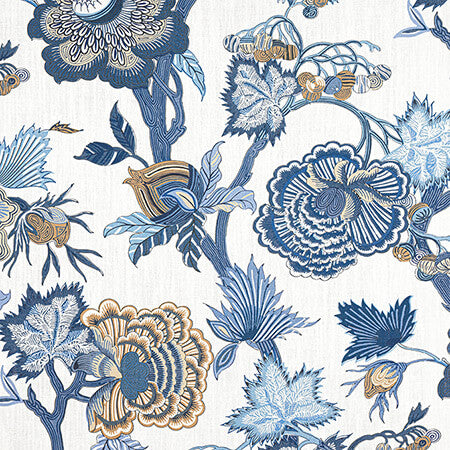 F936418 INDIENNE JACOBEAN Blue and White Thibaut Fabric