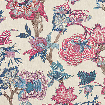 F936419 INDIENNE JACOBEAN Raspberry and Blue on Natural Thibaut Fabric