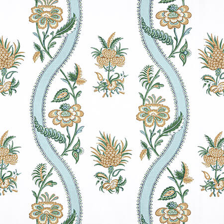 F936422 RIBBON FLORAL Seaglass and Gold Thibaut Fabric