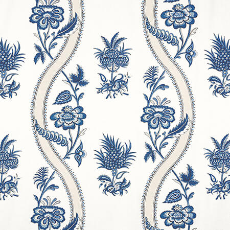 F936423 RIBBON FLORAL Blue and White Thibaut Fabric