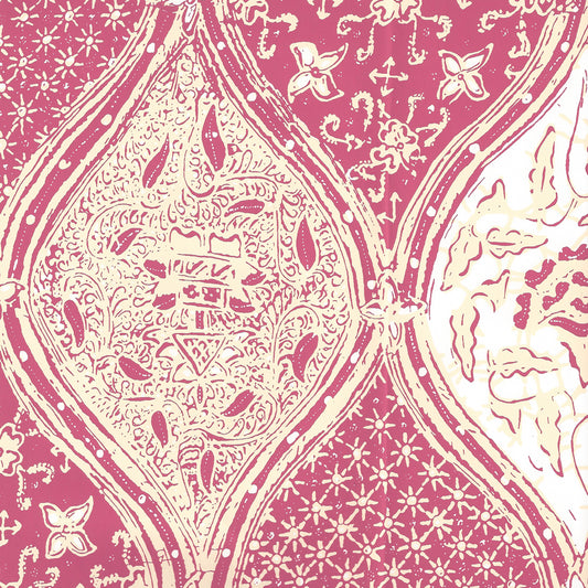 6630-05WP BALINESE BATIK Magenta Cream On White Quadrille Wallpaper