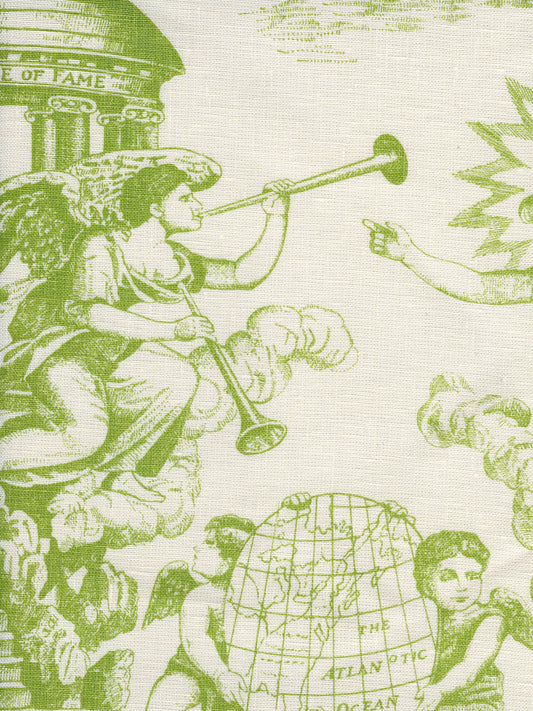 302714F-CU INDEPENDENCE ENGRAVING Green on Tinted Linen Quadrille Fabric