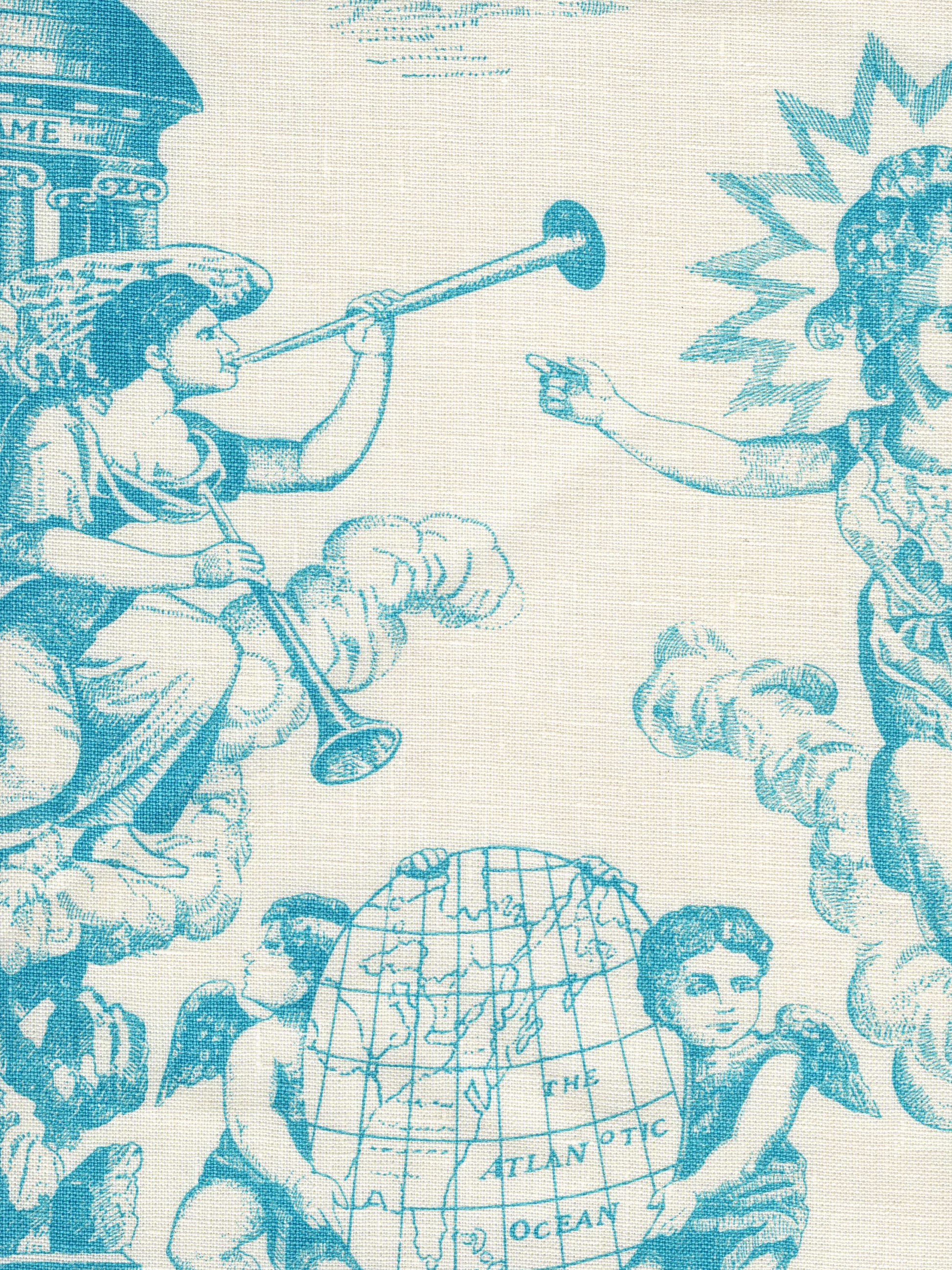 302711F-CU INDEPENDENCE ENGRAVING Turquoise on Tinted Linen Quadrille Fabric