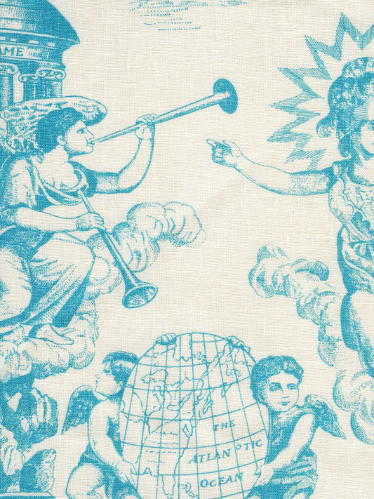 302711F-CU INDEPENDENCE ENGRAVING Turquoise on Tinted Linen Quadrille Fabric