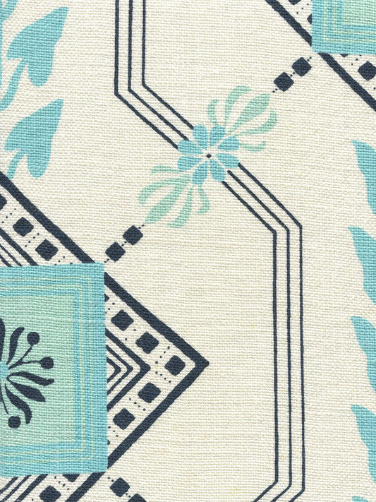 302401F Vanderpoel Stripe Turquoise Navy on Heavy Linen Quadrille Fabric