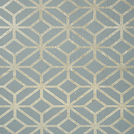 T10414 MAMORA TRELLIS CORK Spa Blue On Metallic Pewter Thibaut Wallpaper
