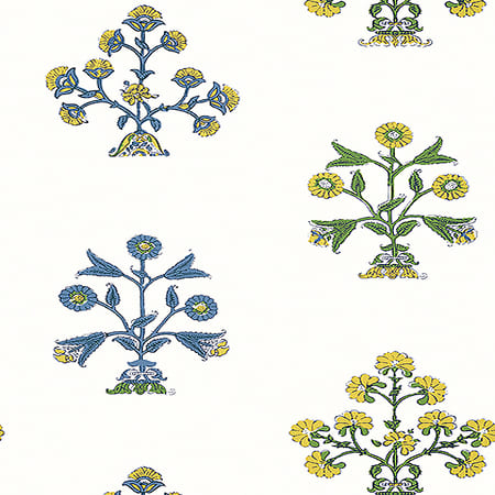 T10664 INDIAN FLOWER Blue And Yellow Thibaut Wallpaper