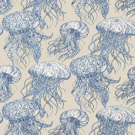 T13168 JELLY FISH BLOOM Blue And Beige Thibaut Wallpaper