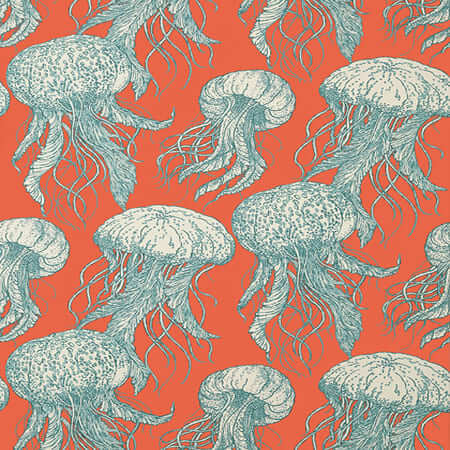 T13172 JELLY FISH BLOOM Coral And Turquoise Thibaut Wallpaper