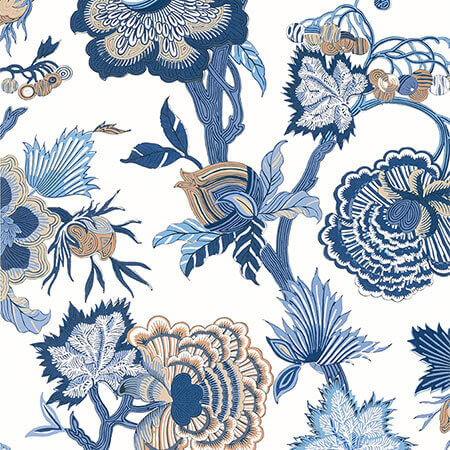 T36418 INDIENNE JACOBEAN Blue And White Thibaut Wallpaper