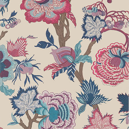 T36419 INDIENNE JACOBEAN Raspberry And Blue On Natural Thibaut Wallpaper