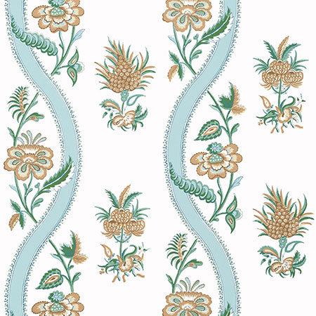 T36422 RIBBON FLORAL Seaglass And Gold Thibaut Wallpaper