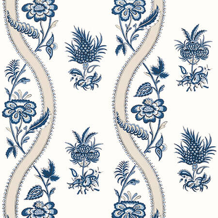 T36423 RIBBON FLORAL Blue And White Thibaut Wallpaper