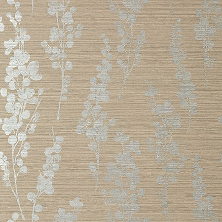 T41053 SPRING BLOOMS Metallic Silver On Taupe Thibaut Wallpaper