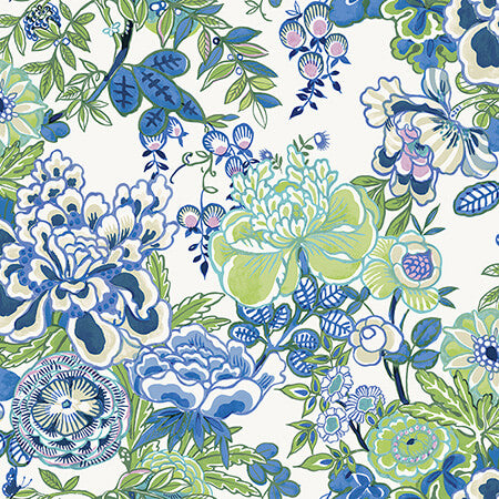 T42021 PEONY GARDEN Blue And Green Thibaut Wallpaper