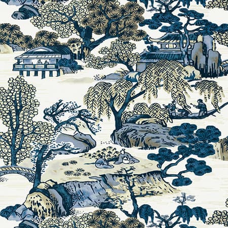 T75461 ASIAN SCENIC Blue And Beige Thibaut Wallpaper
