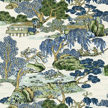 T75462 ASIAN SCENIC Blue And Green Thibaut Wallpaper