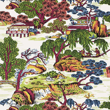 T75464 ASIAN SCENIC Coral And Green Thibaut Wallpaper