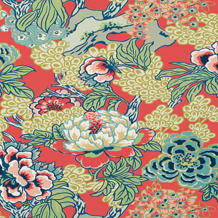 T75490 HONSHU Coral And Green Thibaut Wallpaper