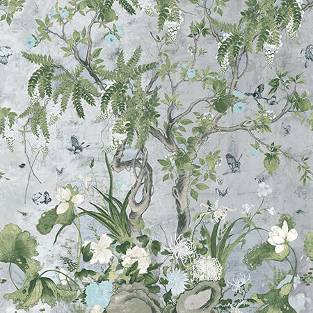 TM42053 WILD WISTERIA MURAL Metallic Silver Thibaut Wallpaper