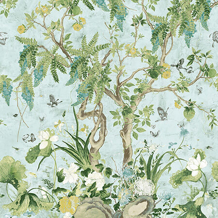 TM42054 WILD WISTERIA MURAL Spa Blue Thibaut Wallpaper