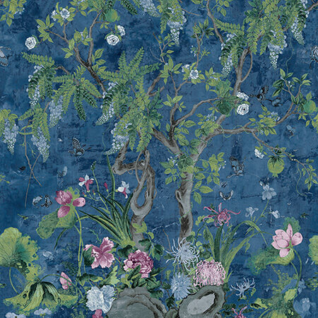 TM42055 WILD WISTERIA MURAL Navy Thibaut Wallpaper