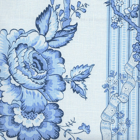 306770F-04L TOILE DES ROSES Blues on Pale Blue on Linen Quadrille Fabric