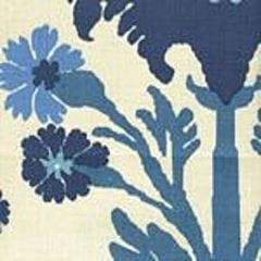 302041F-CU HENRIOT FLORAL Blue French Green on Ecru Quadrille Fabric