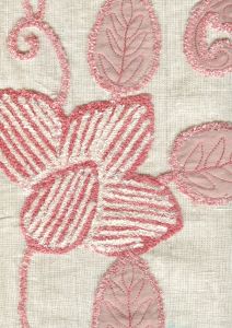 021110T-E FLOWER EMBROIDERY Rose Pink on Tan Linen Quadrille Fabric